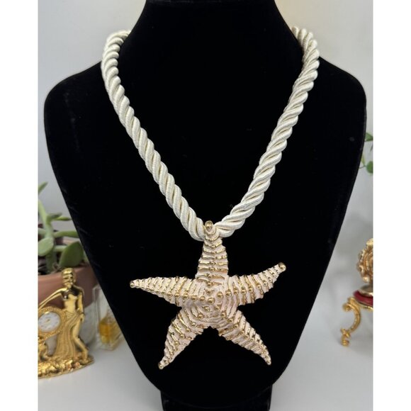 ZARA Women's Gold Textured Starfish Ivory Cord 20" Statement Necklace Coastal - Picture 1 of 9